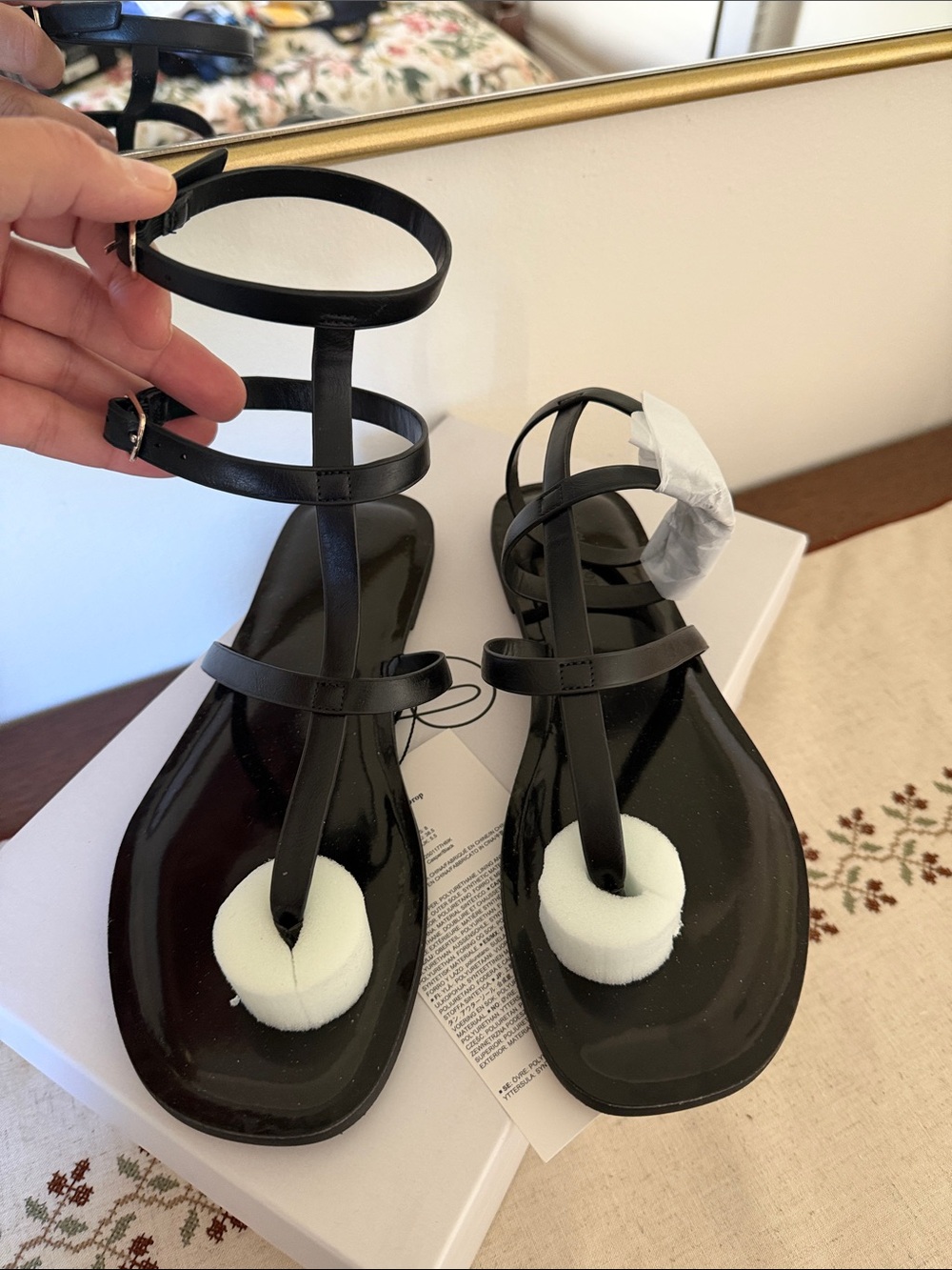 Black Gloss T-Strap Ankle Wrap Sandals